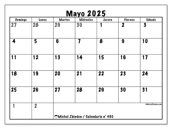Calendario n.° 480 para imprimir gratis, mayo 2025. Semana:  De domingo a sábado