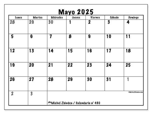 Calendario para imprimir n.° 480 para mayo de 2025. Semana: Lunes a domingo.