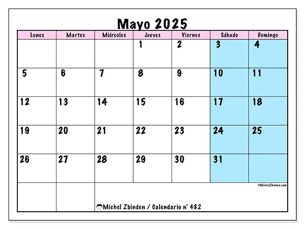 Calendario para imprimir n.° 482 para mayo de 2025. Semana: Lunes a domingo.