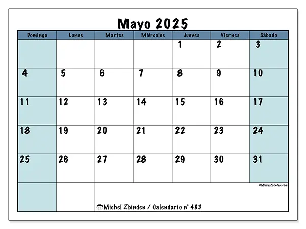 Calendario n.° 483 para imprimir gratis, mayo 2025. Semana:  De domingo a sábado