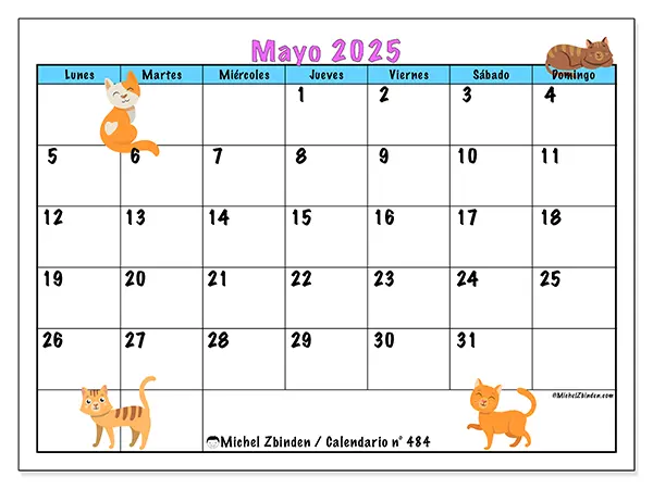 Calendario para imprimir n.° 484 para mayo de 2025. Semana: Lunes a domingo.