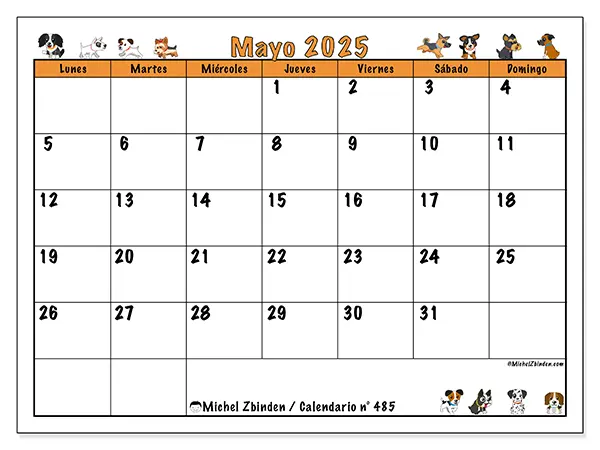 Calendario para imprimir n.° 485 para mayo de 2025. Semana: Lunes a domingo.