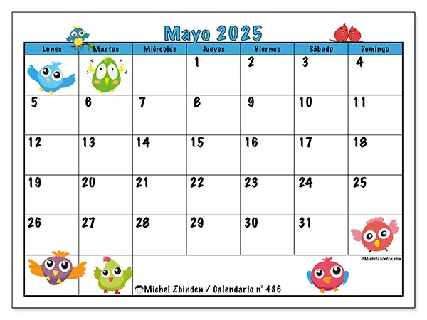 Calendario para imprimir n.° 486 para mayo de 2025. Semana: Lunes a domingo.