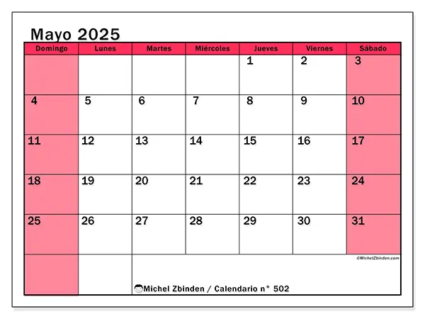 Calendario para imprimir n.° 502 para mayo de 2025. Semana: Domingo a sábado.