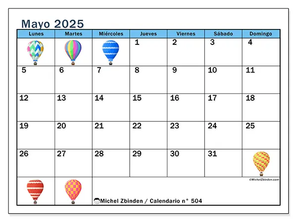 Calendario para imprimir n.° 504 para mayo de 2025. Semana: Lunes a domingo.