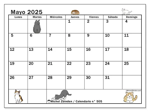 Calendario para imprimir n.° 505 para mayo de 2025. Semana: Lunes a domingo.