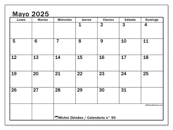 Calendario para imprimir n.° 50 para mayo de 2025. Semana: Lunes a domingo.