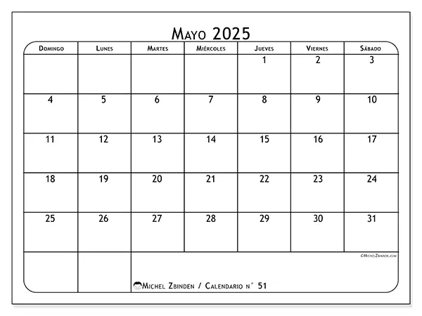 Calendario n.° 51 para imprimir gratis, mayo 2025. Semana:  De domingo a sábado