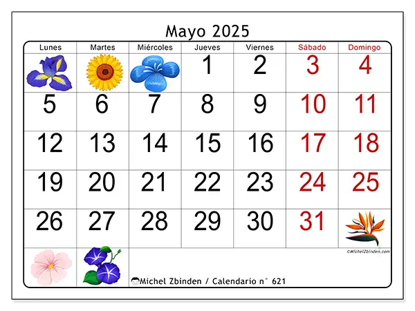 Calendario para imprimir n.° 621 para mayo de 2025. Semana: Lunes a domingo.