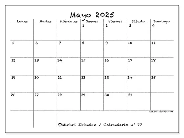 Calendario para imprimir n.° 77 para mayo de 2025. Semana: Lunes a domingo.