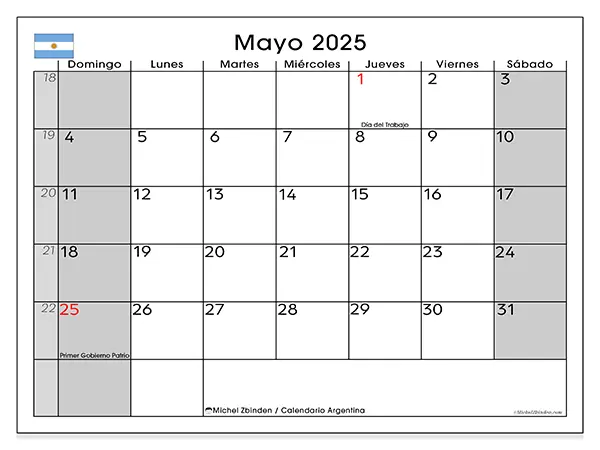 Calendario de Argentina para imprimir gratis, mayo 2025. Semana:  De domingo a sábado