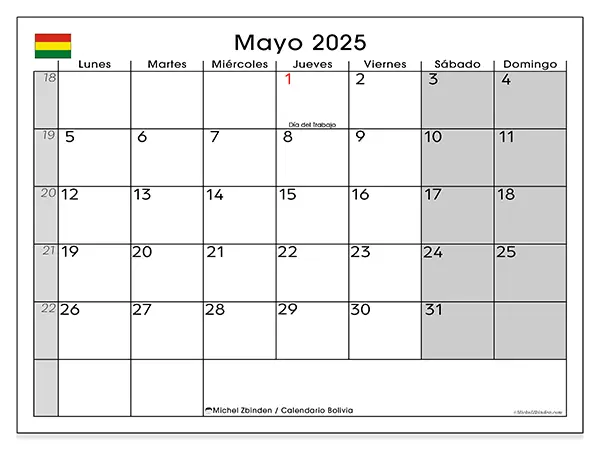 Calendario para imprimir Bolivia para mayo de 2025. Semana: Lunes a domingo.