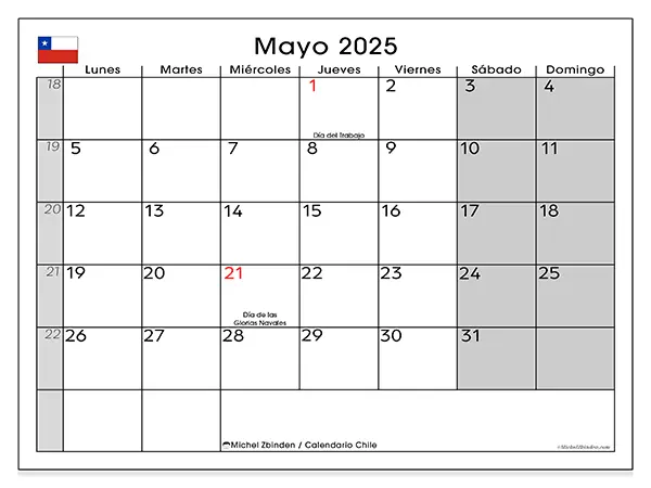 Calendario para imprimir Chile para mayo de 2025. Semana: Lunes a domingo.