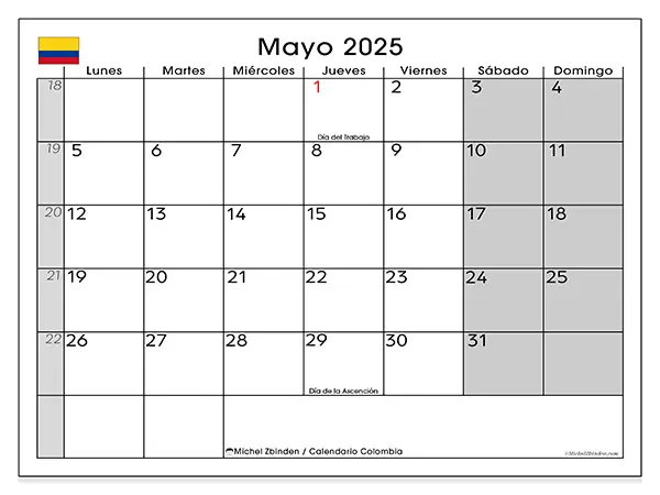 Calendario para imprimir Colombia para mayo de 2025. Semana: Lunes a domingo.