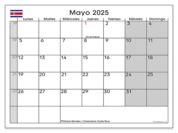 Calendario para imprimir Costa Rica para mayo de 2025. Semana: Lunes a domingo.