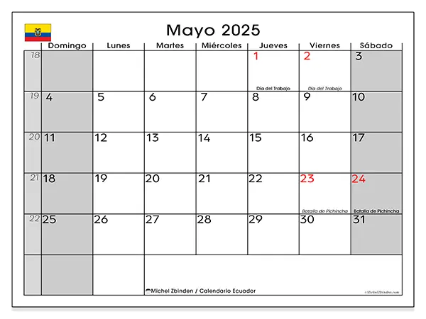 Calendario de Ecuador para imprimir gratis, mayo 2025. Semana:  De domingo a sábado