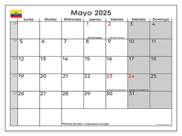 Calendario para imprimir Ecuador para mayo de 2025. Semana: Lunes a domingo.