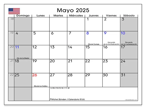 Calendario de Estados Unidos para imprimir gratis, mayo 2025. Semana:  De domingo a sábado