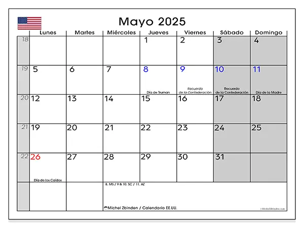 Calendario para imprimir Estados Unidos para mayo de 2025. Semana: Lunes a domingo.