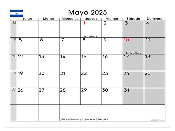 Calendario para imprimir El Salvador para mayo de 2025. Semana: Lunes a domingo.