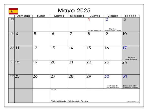 Calendario de España para imprimir gratis, mayo 2025. Semana:  De domingo a sábado