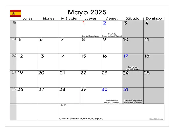 Calendario para imprimir España para mayo de 2025. Semana: Lunes a domingo.