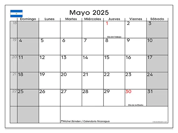 Calendario de Nicaragua para imprimir gratis, mayo 2025. Semana:  De domingo a sábado