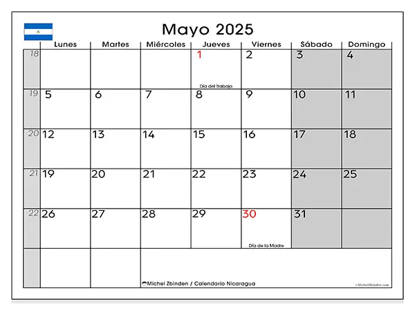 Calendario para imprimir Nicaragua para mayo de 2025. Semana: Lunes a domingo.