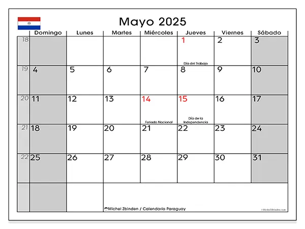 Calendario de Paraguay para imprimir gratis, mayo 2025. Semana:  De domingo a sábado