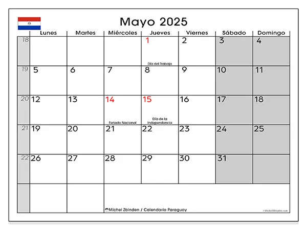 Calendario para imprimir Paraguay para mayo de 2025. Semana: Lunes a domingo.