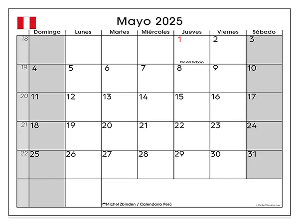 Calendario de Perú para imprimir gratis, mayo 2025. Semana:  De domingo a sábado