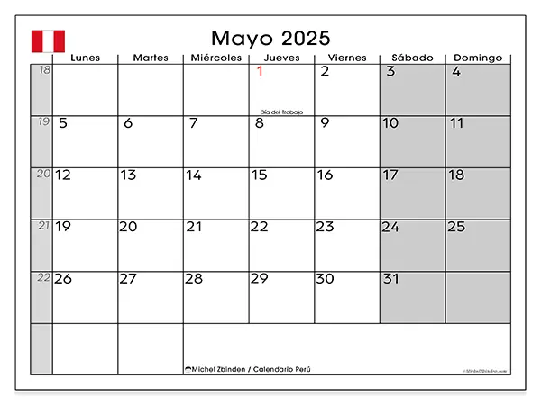 Calendario para imprimir Perú para mayo de 2025. Semana: Lunes a domingo.
