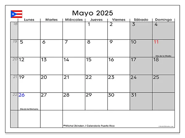 Calendario para imprimir Puerto Rico para mayo de 2025. Semana: Lunes a domingo.