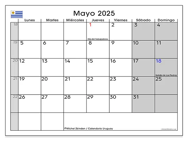 Calendario para imprimir Uruguay para mayo de 2025. Semana: Lunes a domingo.