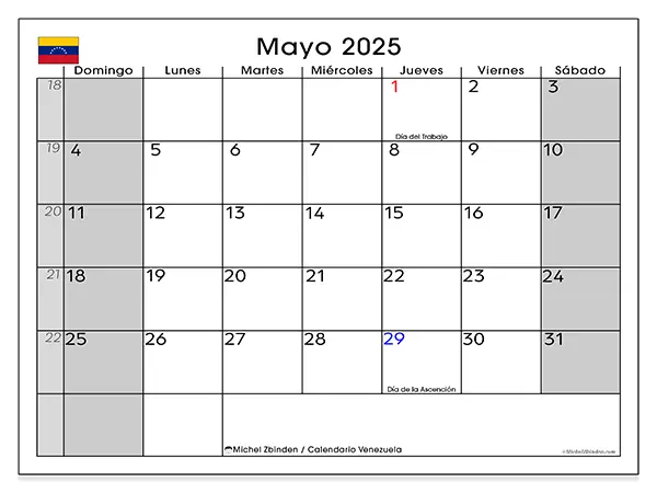 Calendario de Venezuela para imprimir gratis, mayo 2025. Semana:  De domingo a sábado