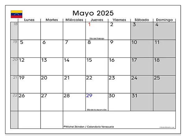 Calendario para imprimir Venezuela para mayo de 2025. Semana: Lunes a domingo.