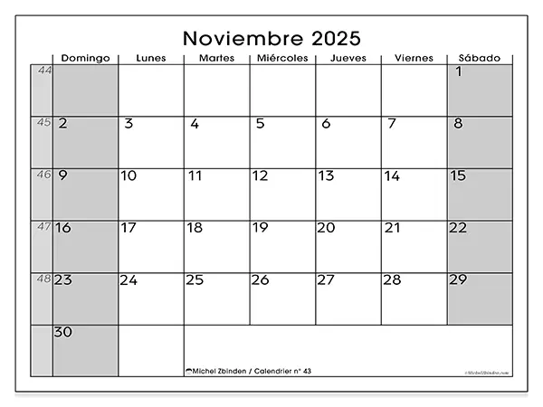 Calendario n.° 43 para imprimir gratis, noviembre 2025. Semana:  De domingo a sábado