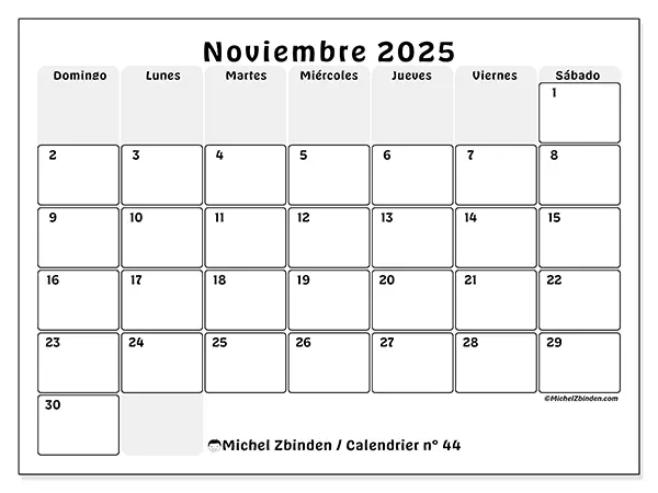 Calendario n.° 44 para imprimir gratis, noviembre 2025. Semana:  De domingo a sábado