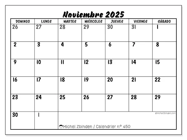 Calendario n.° 450 para imprimir gratis, noviembre 2025. Semana:  De domingo a sábado