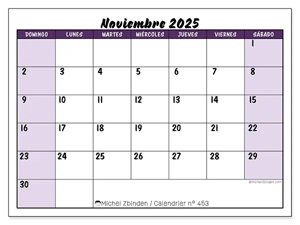Calendario n.° 453 para imprimir gratis, noviembre 2025. Semana:  De domingo a sábado