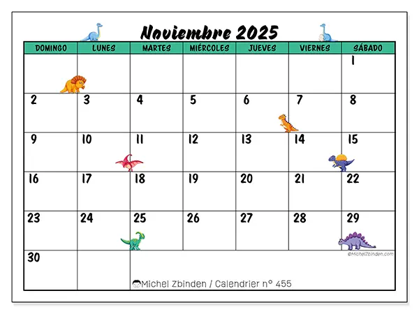 Calendario n.° 455 para imprimir gratis, noviembre 2025. Semana:  De domingo a sábado