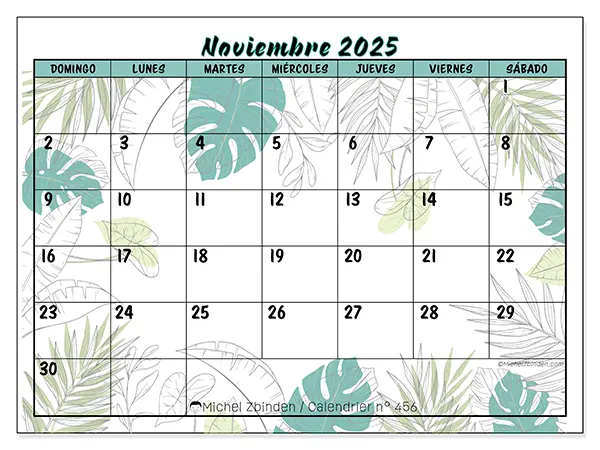 Calendario n.° 456 para imprimir gratis, noviembre 2025. Semana:  De domingo a sábado