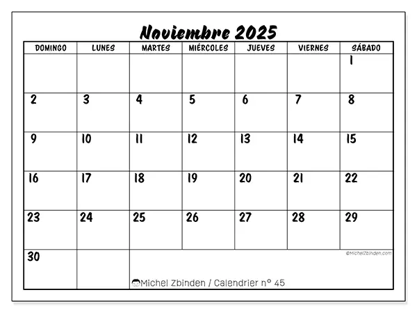 Calendario n.° 45 para imprimir gratis, noviembre 2025. Semana:  De domingo a sábado