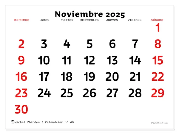 Calendario n.° 46 para imprimir gratis, noviembre 2025. Semana:  De domingo a sábado