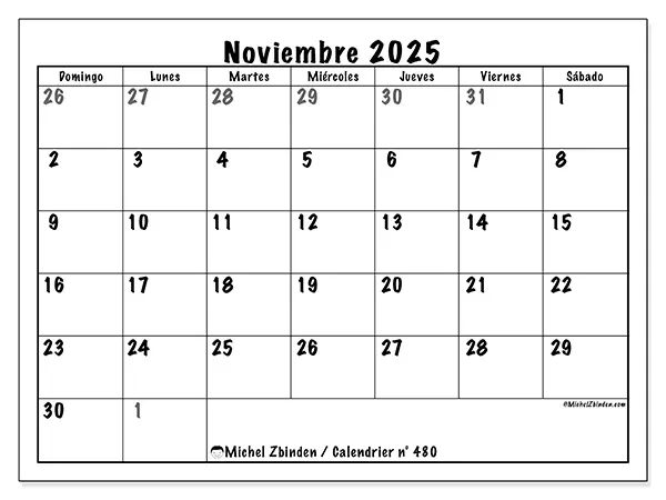 Calendario n.° 480 para imprimir gratis, noviembre 2025. Semana:  De domingo a sábado