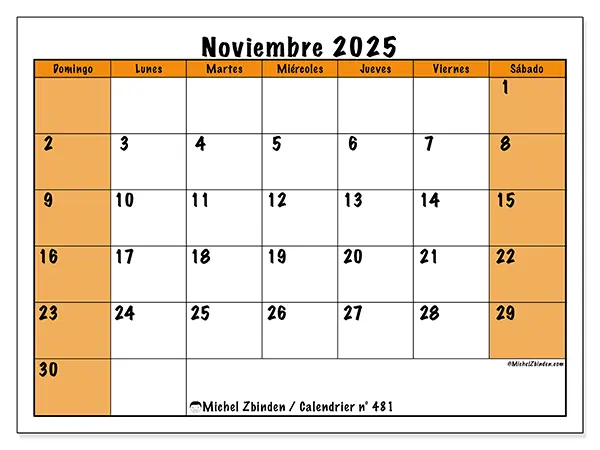 Calendario n.° 481 para imprimir gratis, noviembre 2025. Semana:  De domingo a sábado