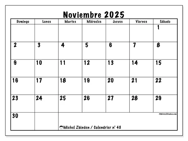 Calendario n° 48 para imprimir gratis, noviembre 2025. Semana:  De domingo a sábado