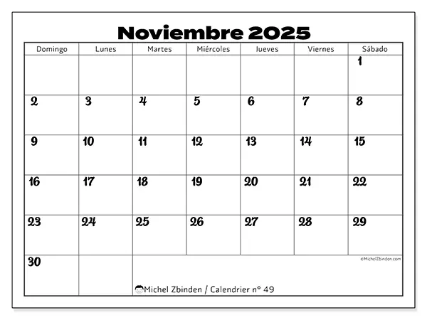 Calendario n.° 49 para imprimir gratis, noviembre 2025. Semana:  De domingo a sábado