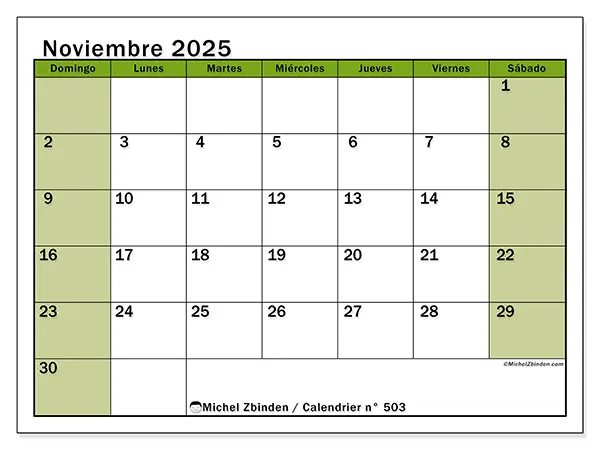 Calendario n.° 503 para imprimir gratis, noviembre 2025. Semana:  De domingo a sábado