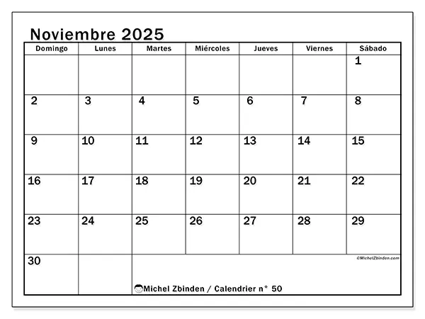 Calendario n° 50 para imprimir gratis, noviembre 2025. Semana:  De domingo a sábado